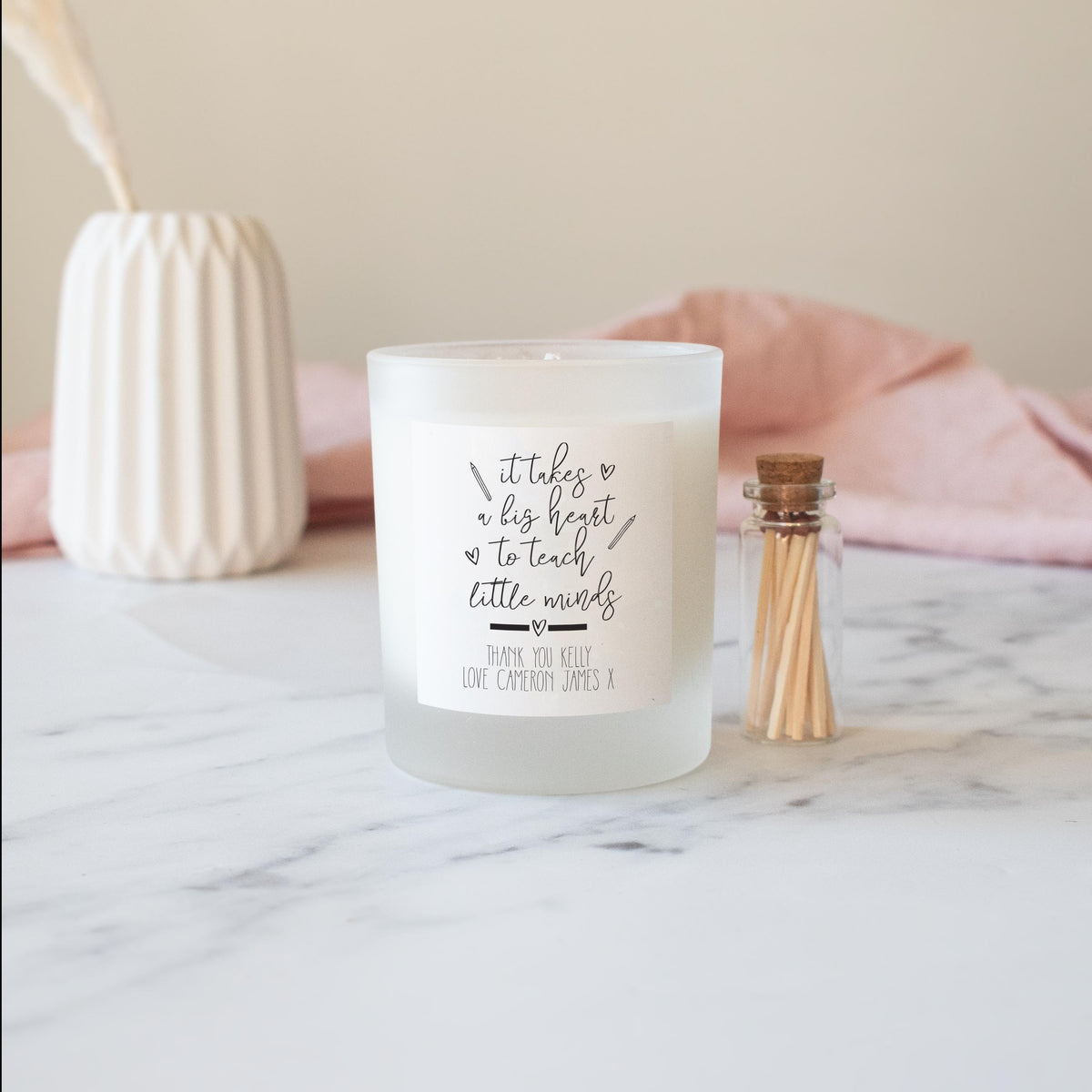 Close-up of the personalised label on the personalised Classic Teacher Thank You Candle