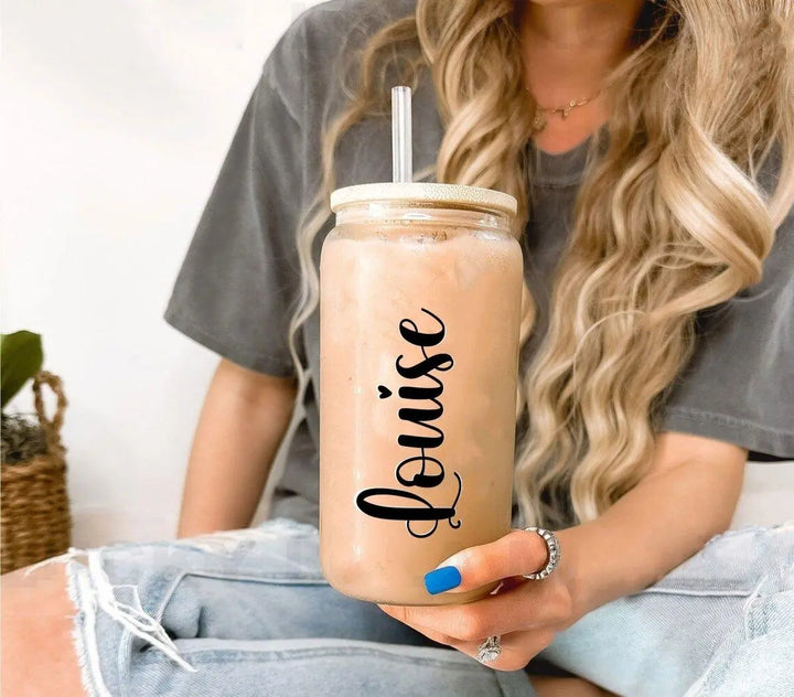 Personalised Coffee Glass Tumbler with Straw, Bridesmaid Coffee Cup, Bride to be Tumbler, Name Coffee Drink Cup Bachelorette Party Gift - Amy Lucy