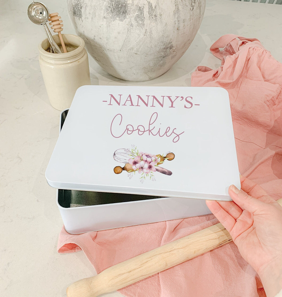 Personalised cookie tin with custom wording such as 'Nanny's Cookies'