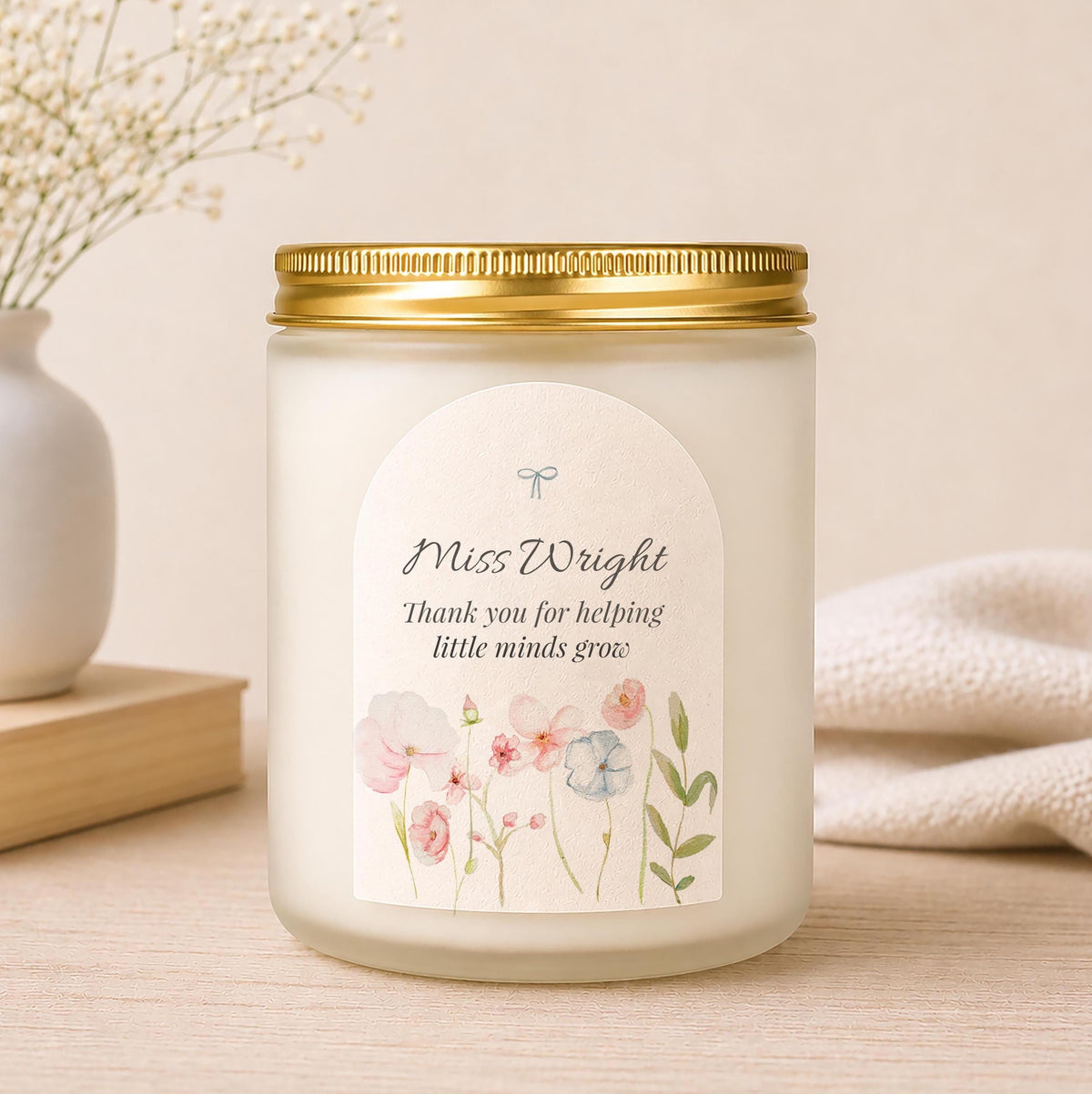 Close-up of the personalised label on the personalised Coping With My Child Teacher Candle