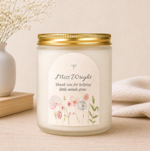 Close-up of the personalised label on the personalised Coping With My Child Teacher Candle