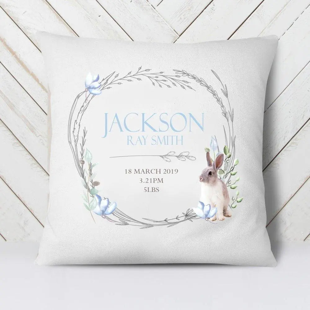 Personalised Cushion Cover, Baby Room Cushion, Boys Room Cushion, New Baby Cushion, New Baby Gift, Rabbit Cushion, Rabbit Decoration - Amy Lucy
