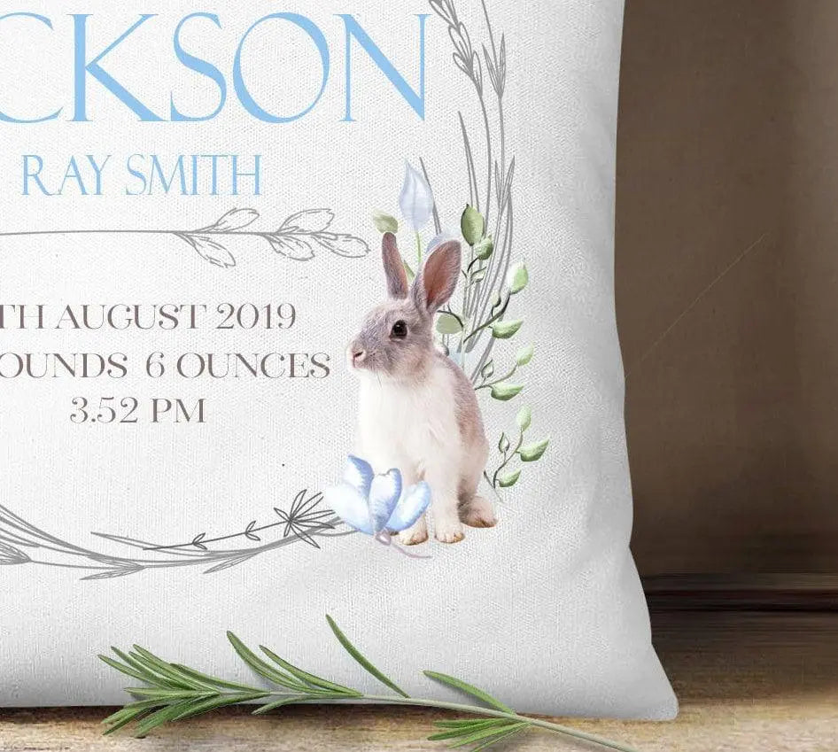 Personalised Cushion Cover, Baby Room Cushion, Boys Room Cushion, New Baby Cushion, New Baby Gift, Rabbit Cushion, Rabbit Decoration - Amy Lucy
