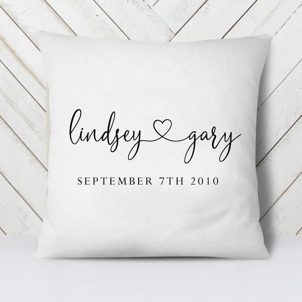 Personalised Custom Name and Date Couple Cushion, Valentines Gift, Anniversary Gift, Honeymoon and Newlywed Cushion, Minimal and Modern Gift - Amy Lucy