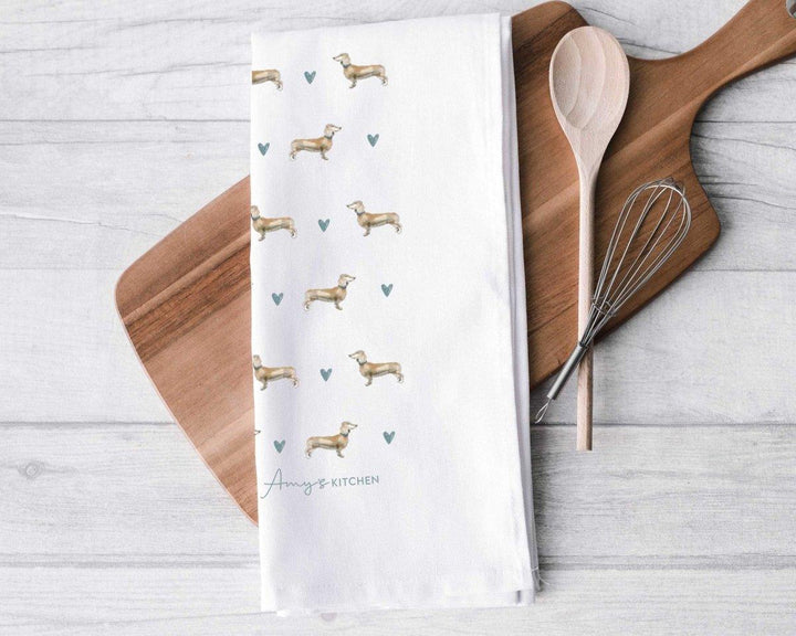 Personalised Dachshund Tea Towel, Dachshund Gift For Her, Name Tea Towel, Sausage Dog Gifts, Dog Tea Towel, Personalised Dog Owner Gift - Amy Lucy