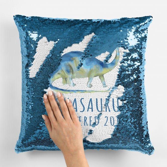 Personalised Dinosaur Cushion, Boy Birthday Gift, Sequin Cushion, Swipe Sequin Wedding Page Boy Thank you Gift, Wedding Gift, Kids, Children - Amy Lucy