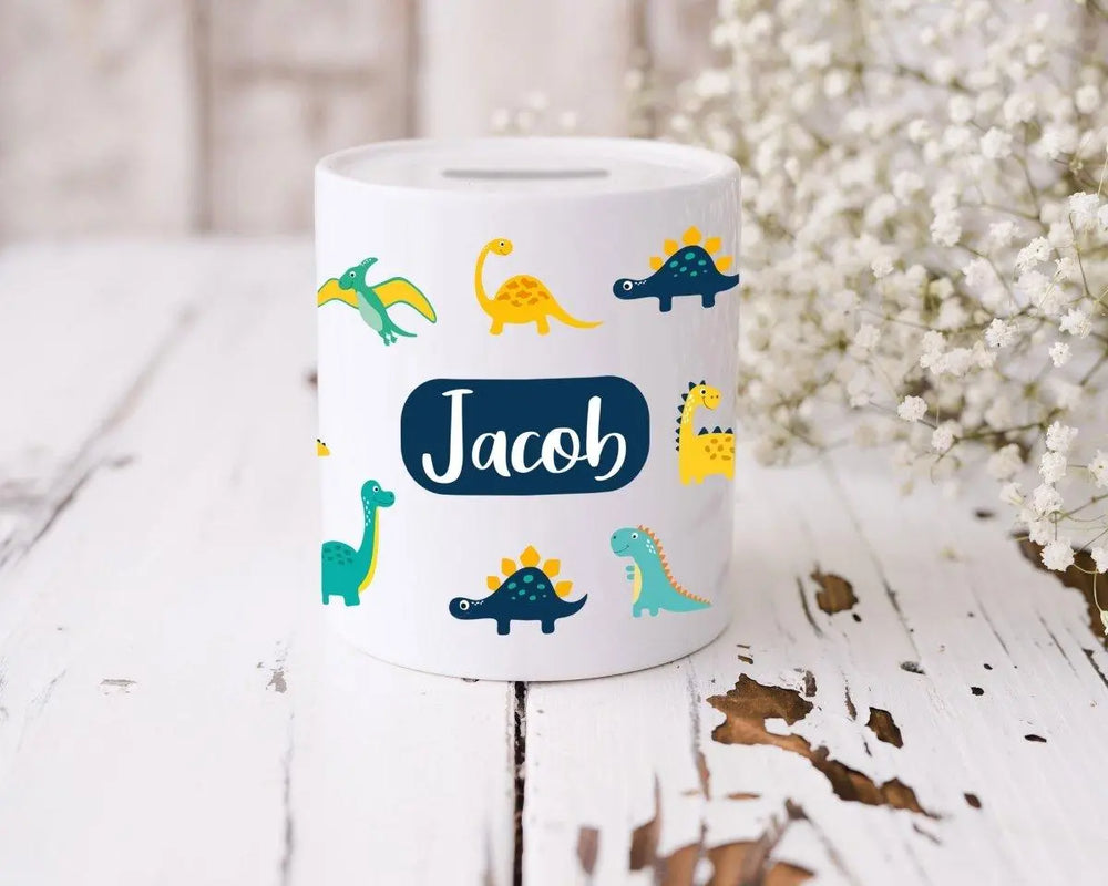 Personalised Dinosaur Money Box, Personalised Piggy Bank, Child&#39;s Toy Fund, Dinosaur Bedroom Decor, Boys Money Box, Child&#39;s Piggy Bank, - Amy Lucy