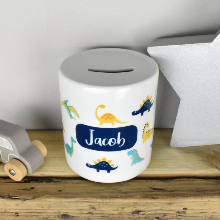 Personalised Dinosaur Money Box, Personalised Piggy Bank, Child&#39;s Toy Fund, Dinosaur Bedroom Decor, Boys Money Box, Child&#39;s Piggy Bank, - Amy Lucy