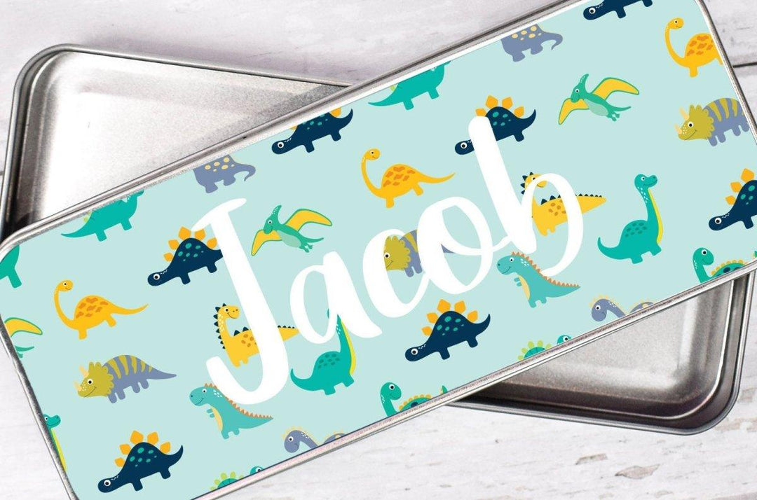 Personalised Dinosaur Pencil Case, Dinosaur School Pencil Case, Kids Dinosaur Metal Pencil Case, Boys School Pencil Tin, Dinosaur Gifts, - Amy Lucy