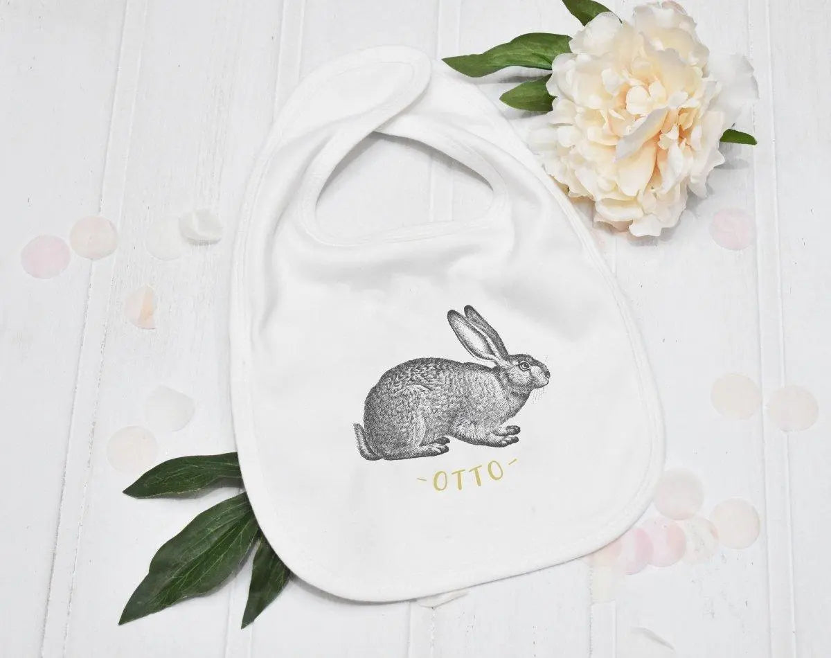 Personalised Easter Bunny Baby Bib, Kids Party Bib, Baby Boy Bib, Baby Girl Bib, Customised Easter Baby Bib, 100% Cotton, White Baby Bib - Amy Lucy