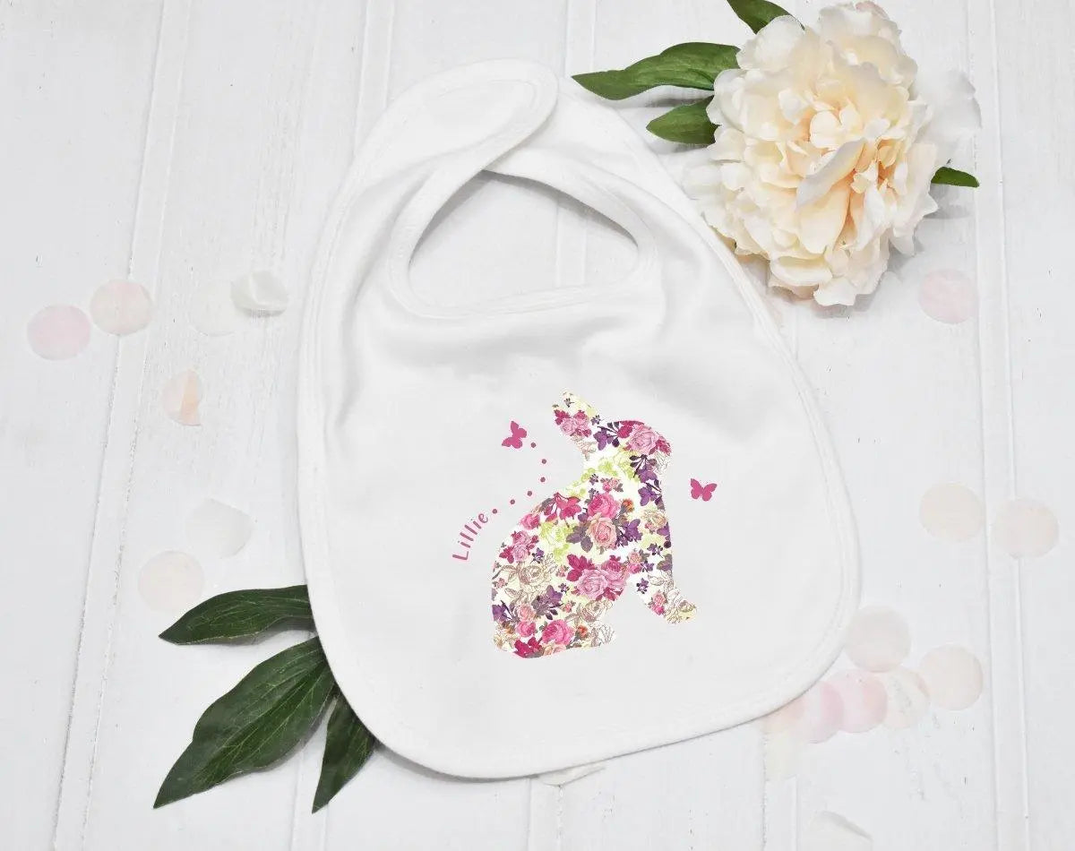 Personalised Easter Bunny Baby Bib, Kids Party Bib, Baby Girl Bib, Baby Boy Bib, Customised Easter Baby Bib, 100% Cotton, White Baby Bib - Amy Lucy