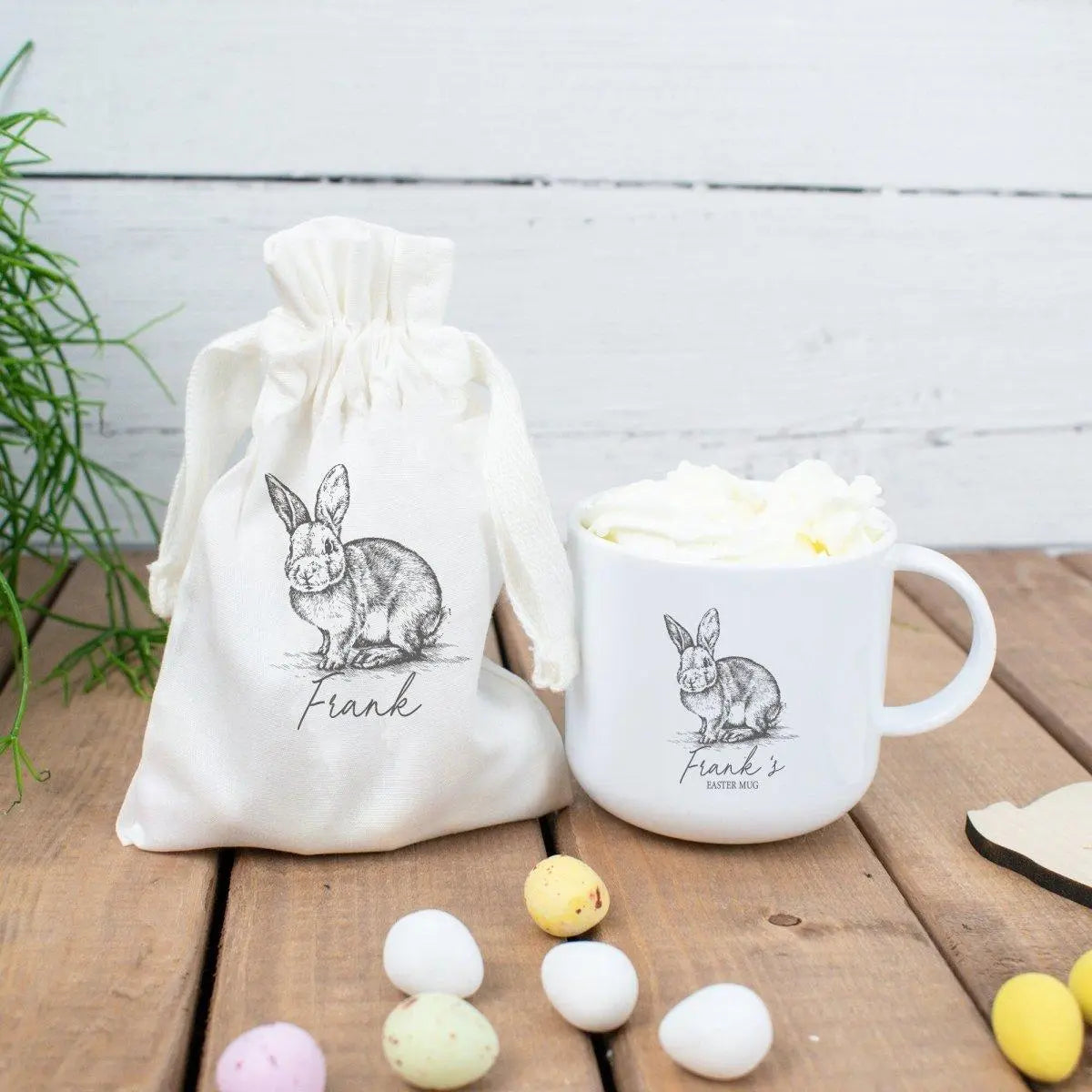 Personalised Easter Mug Set, Easter Bunny Mug, Vintage Rabbit Mug, Easter Gift Her, Mini Egg Bag, Personalised Easter Gift Set, Easter Mug - Amy Lucy