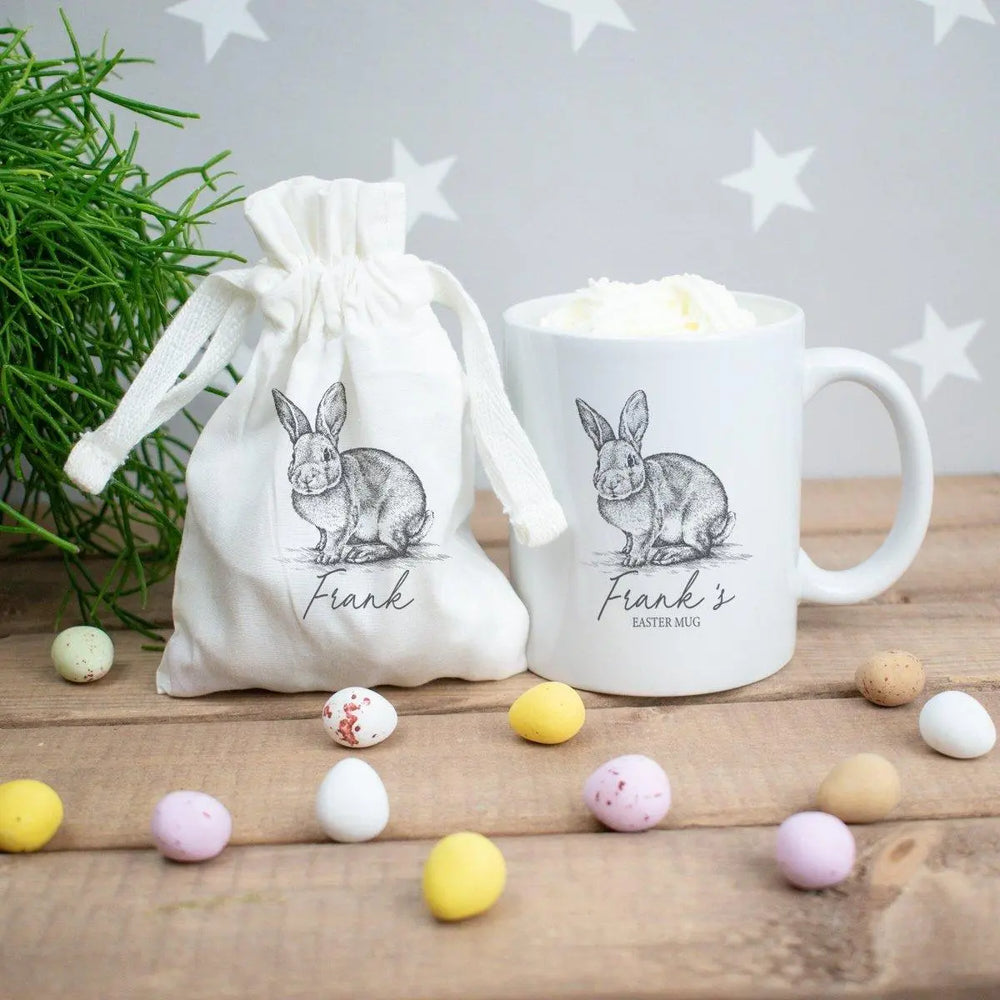 Personalised Easter Mug Set, Easter Bunny Mug, Vintage Rabbit Mug, Easter Gift Her, Mini Egg Bag, Personalised Easter Gift Set, Easter Mug - Amy Lucy