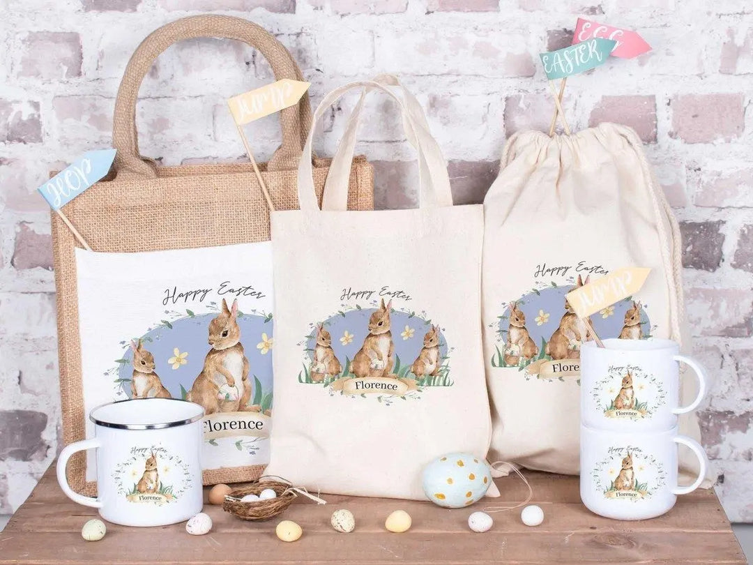 Personalised Easter Sack, Personalised Easter Bag, Child&#39;s Storage Bag, Easter Egg Hunt Gift Bag, Easter Mug, Rabbit Mug - Amy Lucy