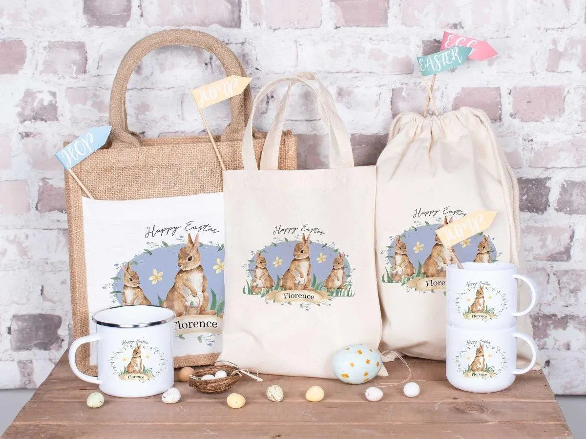 Personalised Easter Sack, Personalised Easter Bag, Child&#39;s Storage Bag, Easter Egg Hunt Gift Bag, Easter Mug, Rabbit Mug - Amy Lucy