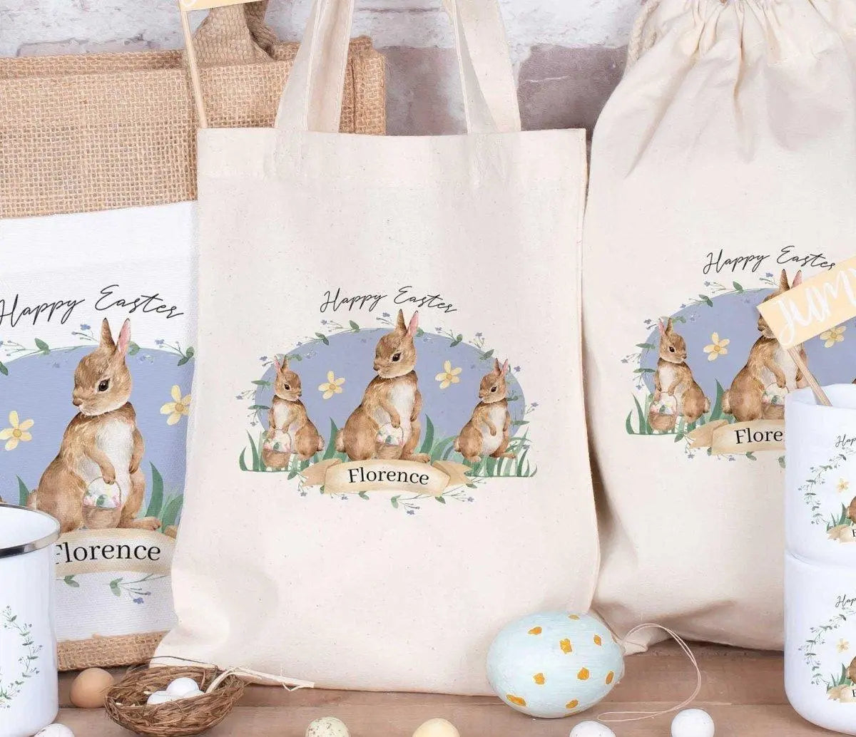 Personalised Easter Sack, Personalised Easter Bag, Child&#39;s Storage Bag, Easter Egg Hunt Gift Bag, Easter Mug, Rabbit Mug - Amy Lucy