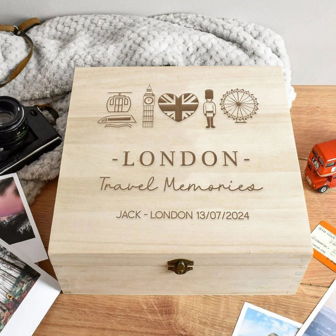 Personalised Engraved London Travel Box, Wooden Travel Keepsake Box, Adventure Gift Box, London Holiday Memories Box, Travel Lover Gift, - Amy Lucy