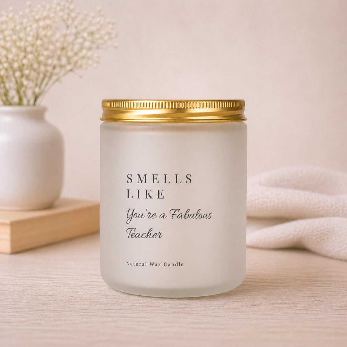 Close-up of the personalised label on the personalised Fabulous Teacher Candle Gift
