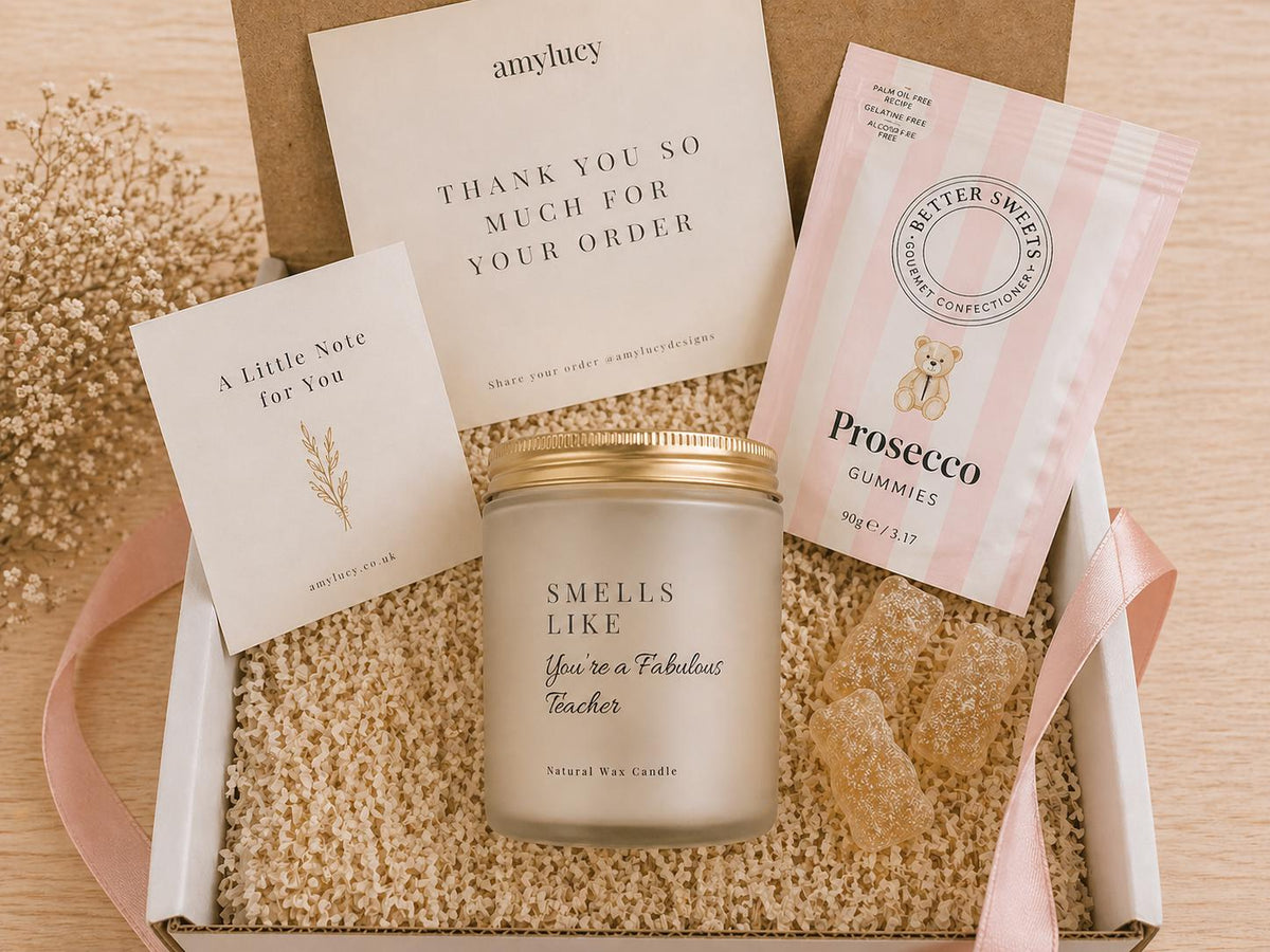 Lit personalised Fabulous Teacher Candle Gift in a styled setting