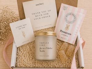 Lit personalised Fabulous Teacher Candle Gift in a styled setting