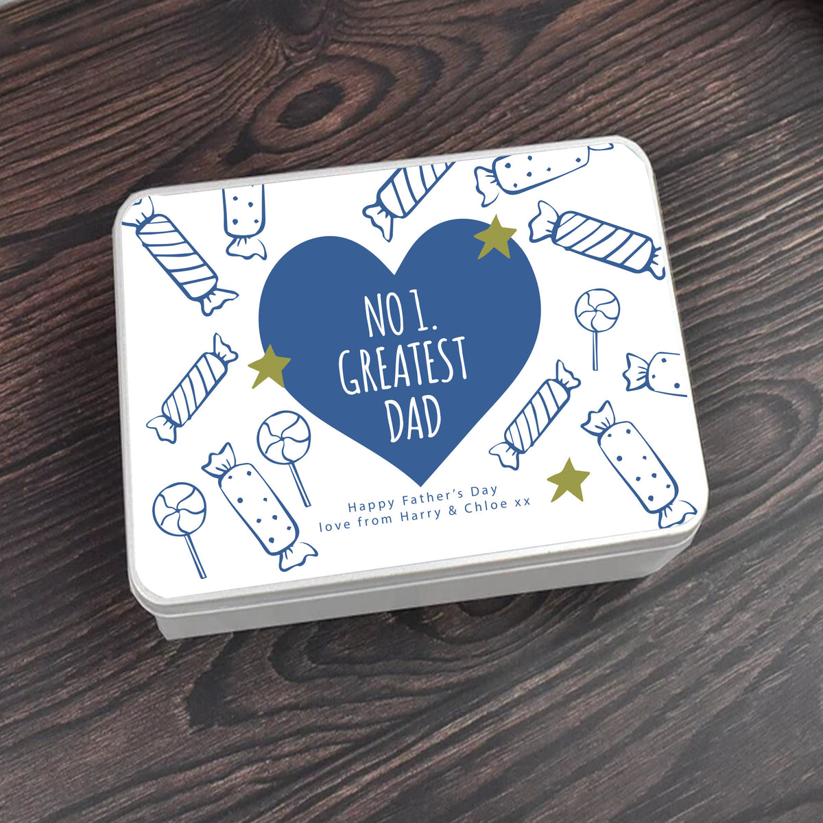 Personalised Father's Day treat tin with 'No. 1 Greatest Dad' design
