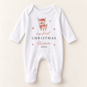 Personalised festive reindeer First Christmas baby rompersuit 2026 on a clean neutral background