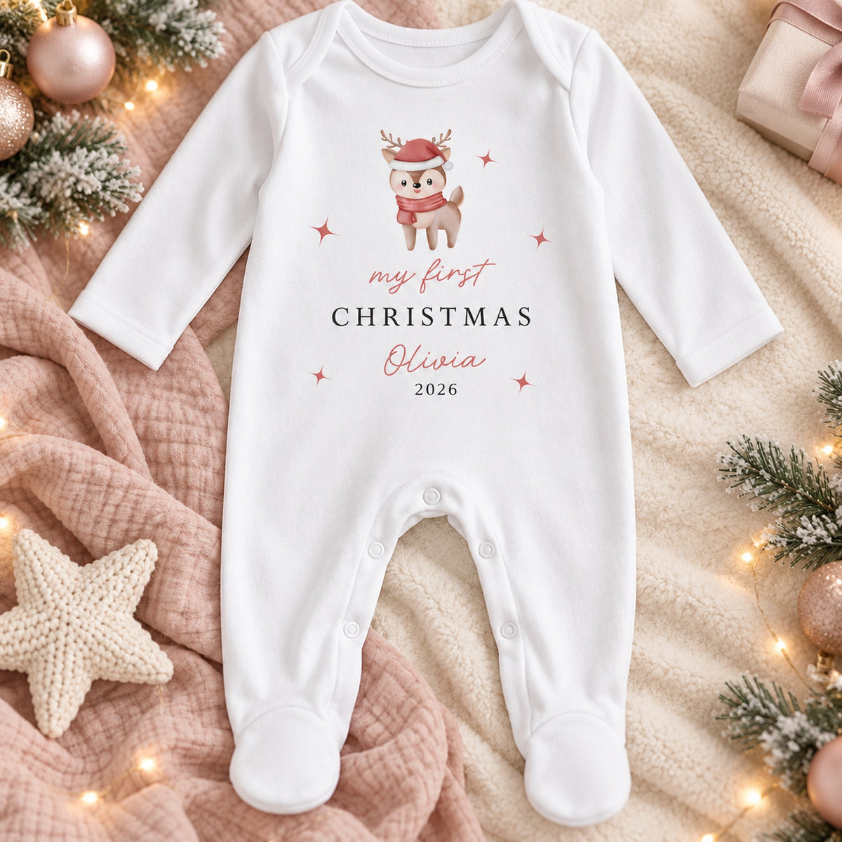 Personalised festive reindeer First Christmas baby rompersuit in a refined Little Lucy Christmas flat lay