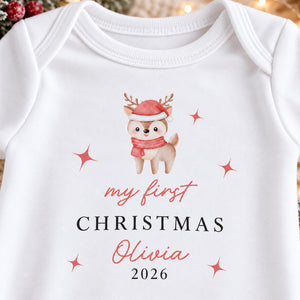 Close-up of personalised festive reindeer First Christmas baby rompersuit design with Olivia 2026