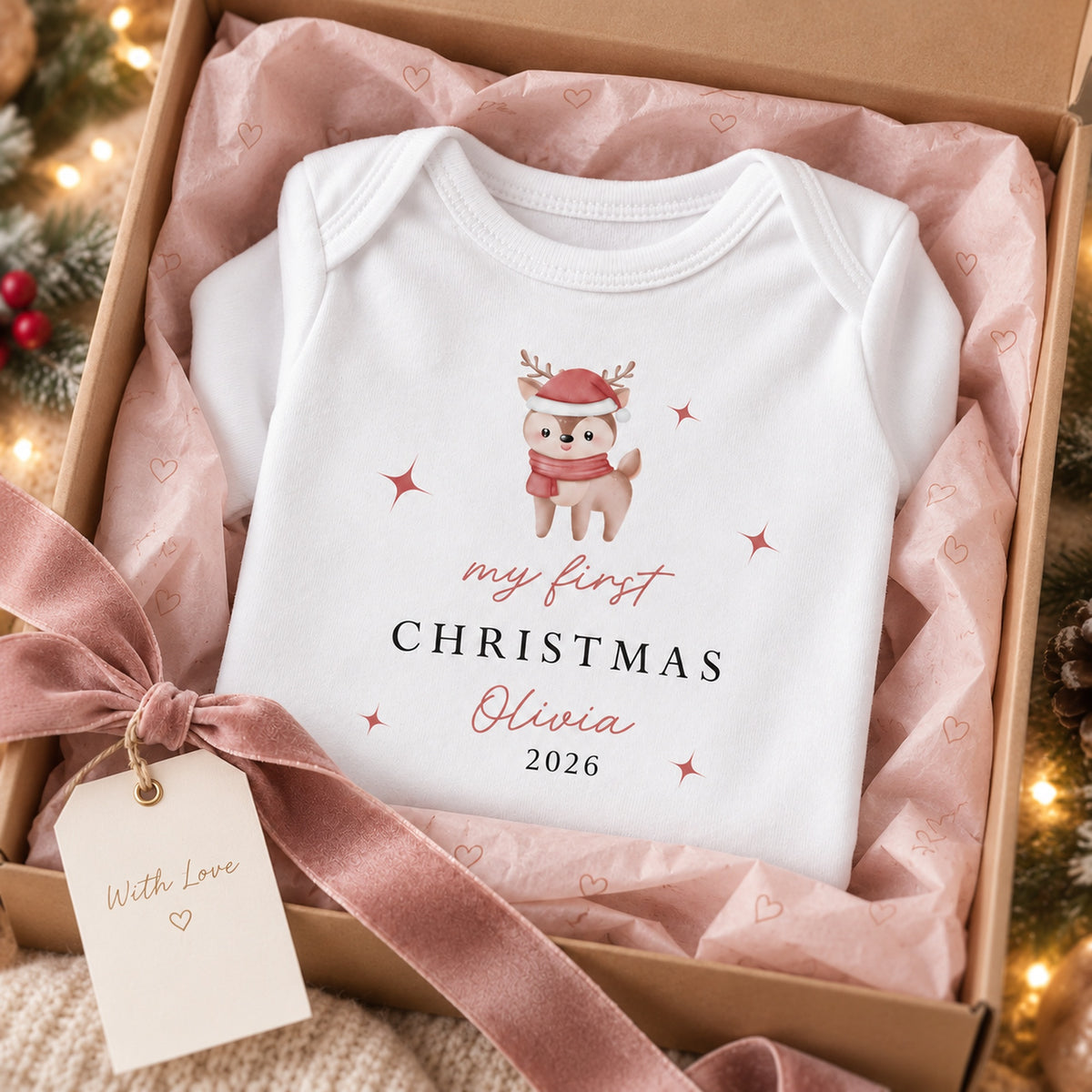 Personalised festive reindeer First Christmas baby rompersuit presented in a gift box