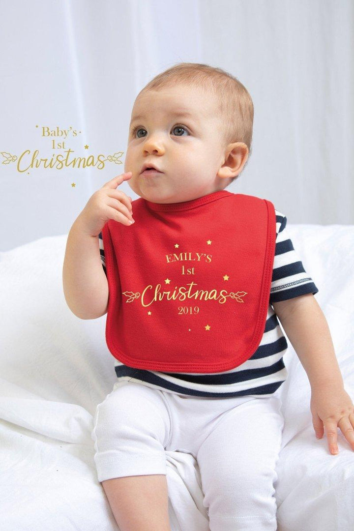 Personalised First Christmas Bib, 1st Christmas Baby Bib, Baby Christmas, Red Gold Baby Bib, Xmas Clothing, 1st Christmas Outfit, Baby Bib - Amy Lucy