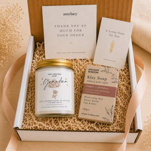 Close-up of the personalised label on the personalised First Christmas as Grandma or Nanny Candle
