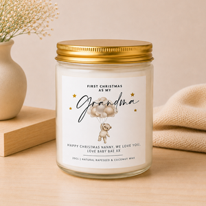 Personalised First Christmas as Grandma or Nanny Candle in a frosted glass jar with gold lid