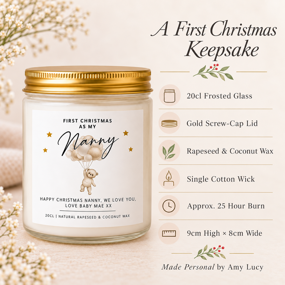 Personalised First Christmas as Grandma or Nanny Candle product details