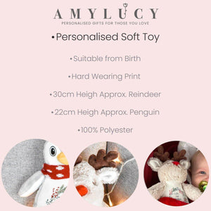 Personalised First Christmas Teddy, Baby 1st Christmas Gift, Reindeer Soft Toy, Penguin Teddy, Custom Cuddly Toy, Baby Stocking Fillers - Amy Lucy