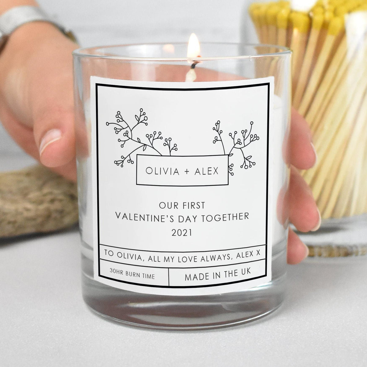 Close-up of the personalised label on the personalised First Valentine’s Day Candle