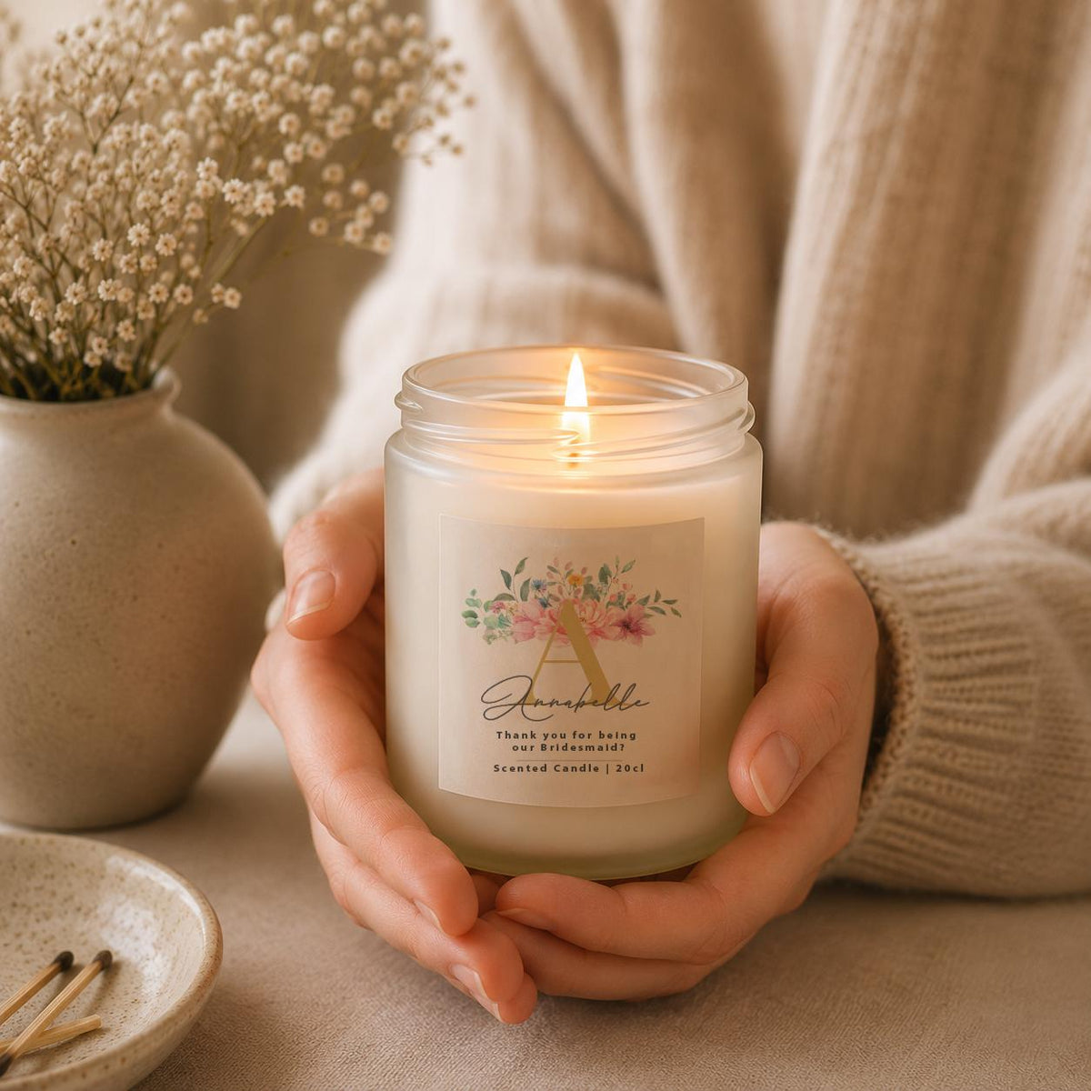 Personalised Floral Initial Bridesmaid Candle styled as a thoughtful gift
