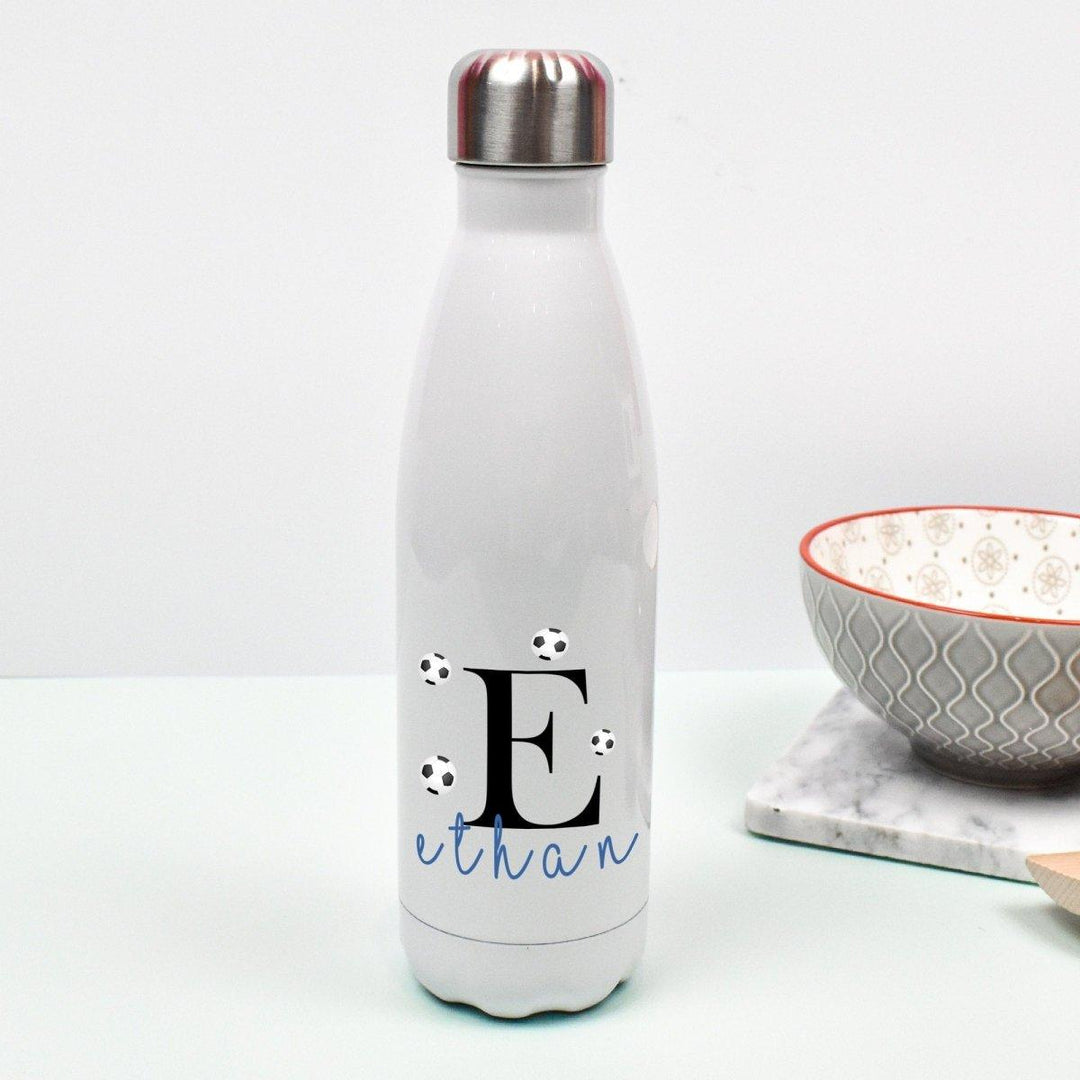 Personalised Football Bottle, Football School Heat Flask, Child Metal Water Bottle, Boys School Water Bottle, Kids Drinks Cup, School Flask - Amy Lucy