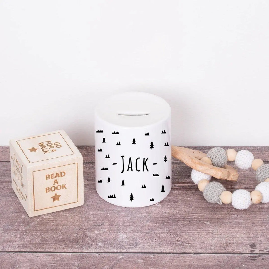 Personalised Forest Money Box, Custom Boy&#39;s Piggy Bank, Boys Woodland Decor, Custom Nursery Decor, Boys Bedroom Decor, Child&#39;s Money Bank - Amy Lucy