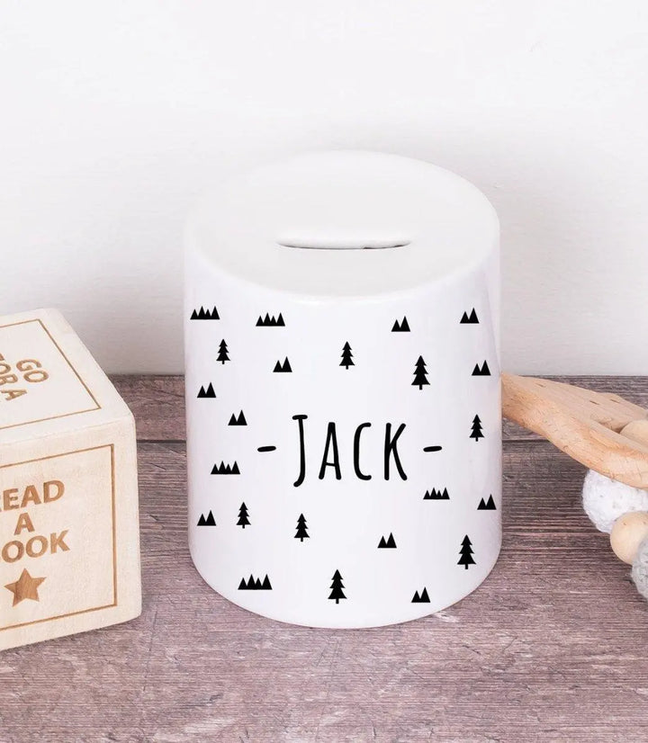 Personalised Forest Money Box, Custom Boy&#39;s Piggy Bank, Boys Woodland Decor, Custom Nursery Decor, Boys Bedroom Decor, Child&#39;s Money Bank - Amy Lucy