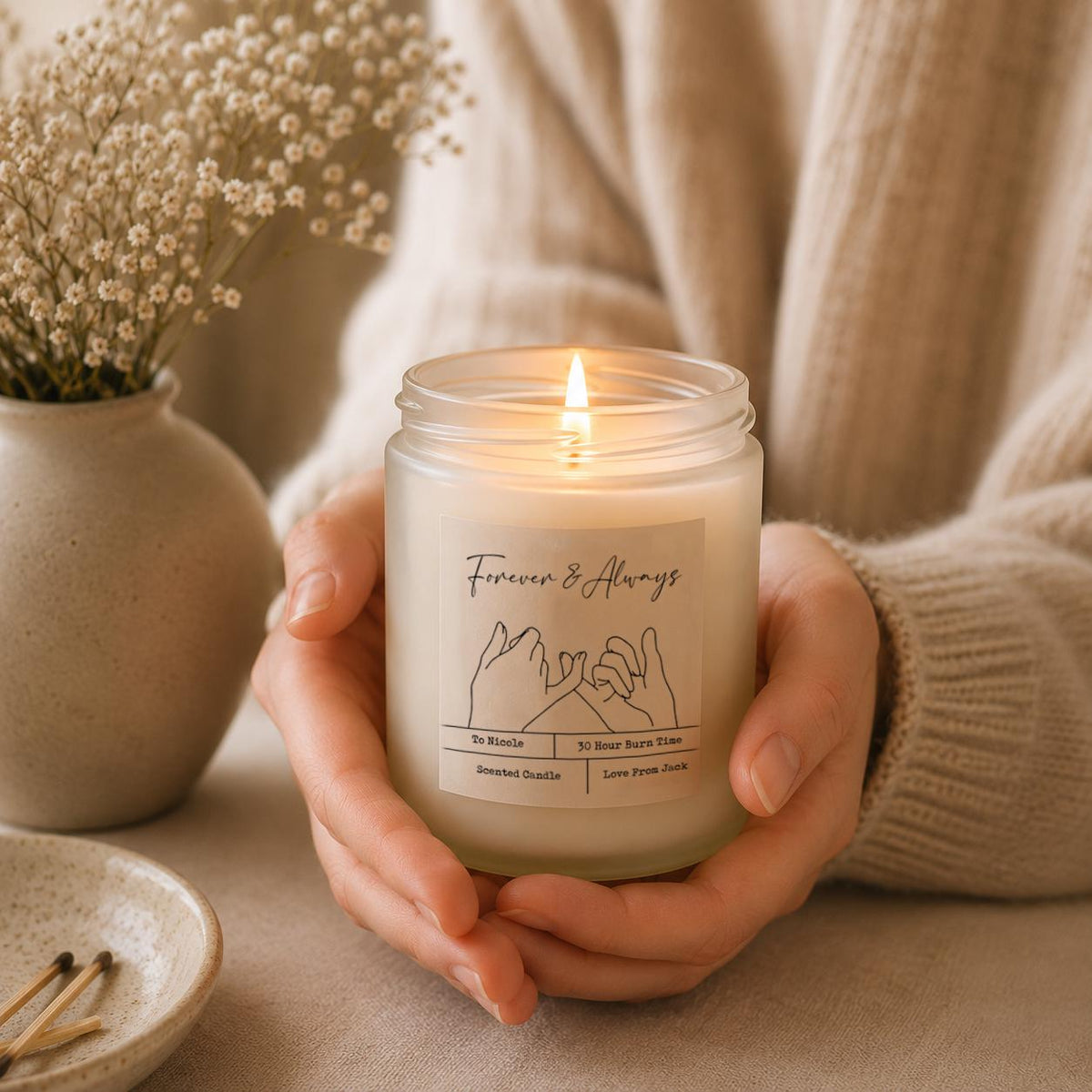 Close-up of the personalised label on the personalised Forever & Always Candle Gift