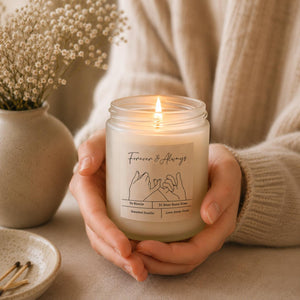 Close-up of the personalised label on the personalised Forever & Always Candle Gift
