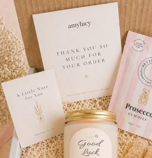Close-up of the personalised label on the personalised Good Luck Candle Gift