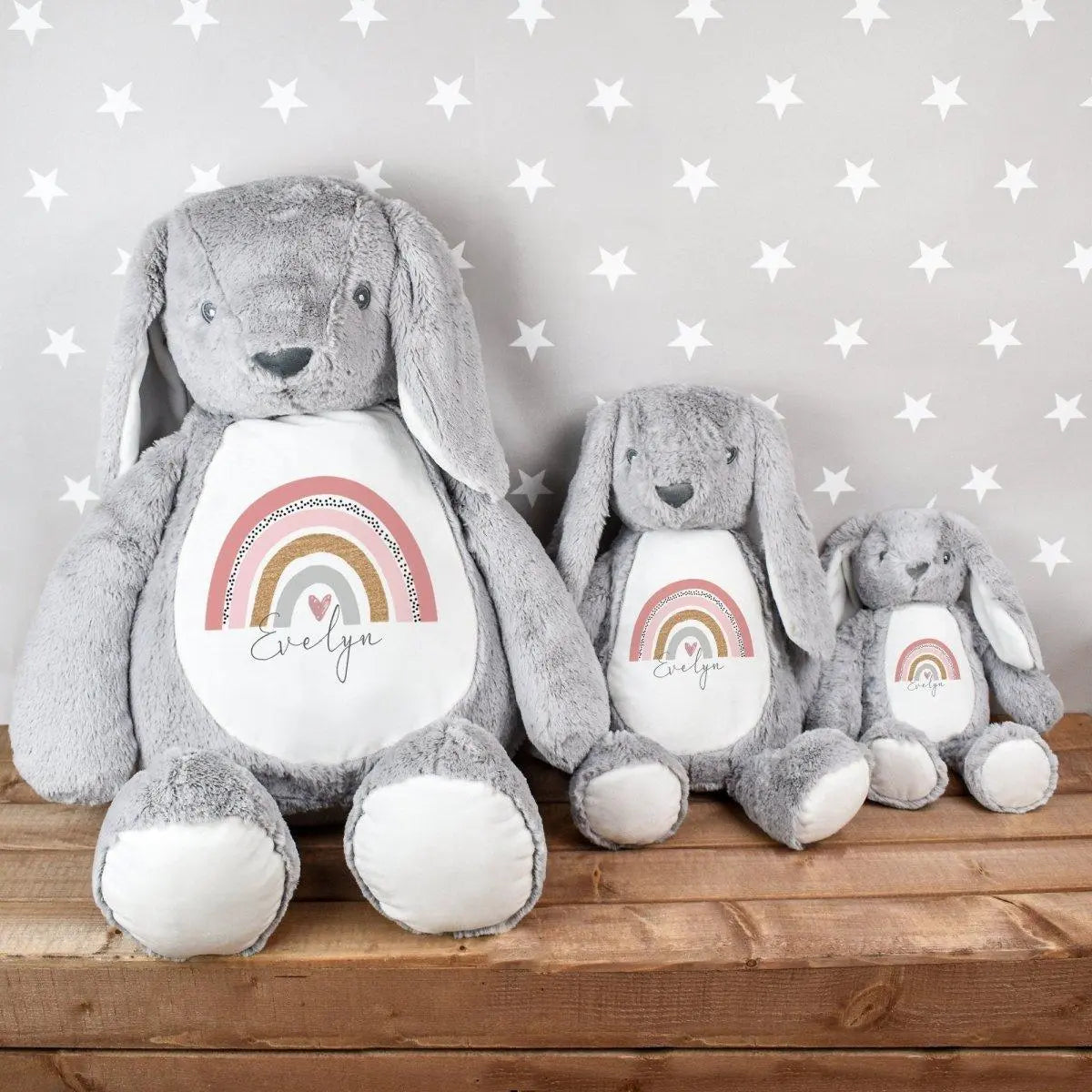 Personalised Grey Bunny Rabbit, Large Soft Toy, New Baby Gift, Rainbow Nursery Decor, Bunny Teddy, Baby Girl Gift, Baby Shower, Easter Baby - Amy Lucy