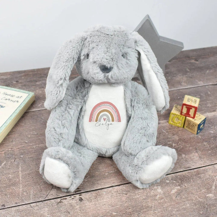 Personalised Grey Bunny Rabbit, Large Soft Toy, New Baby Gift, Rainbow Nursery Decor, Bunny Teddy, Baby Girl Gift, Baby Shower, Easter Baby - Amy Lucy