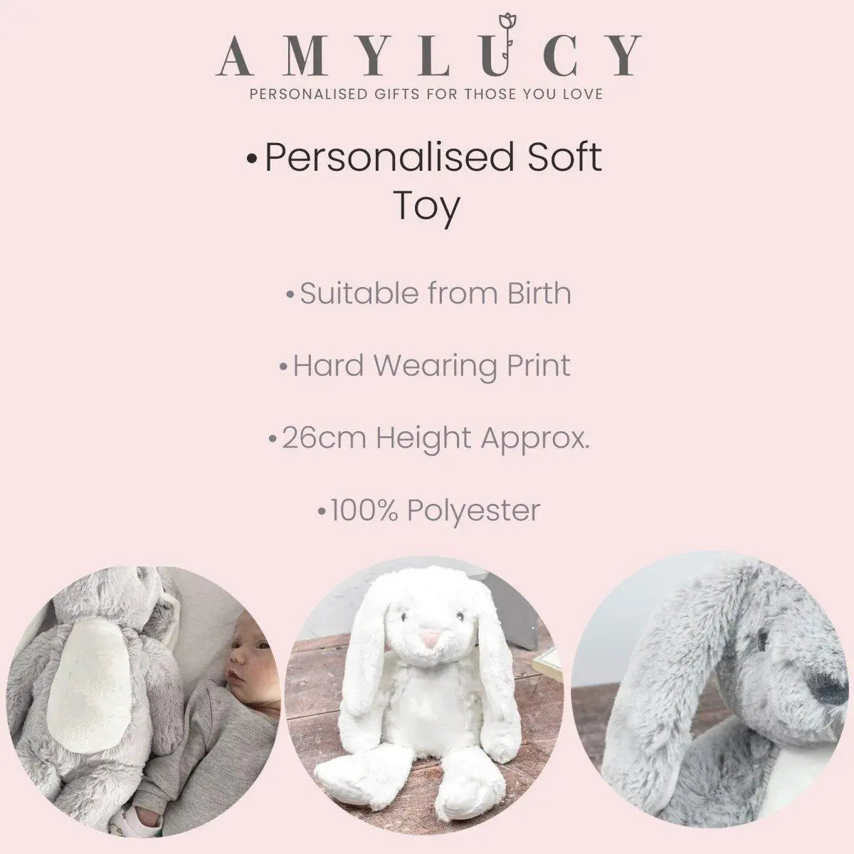 Personalised Grey Bunny Rabbit, Large Soft Toy, New Baby Gift, Rainbow Nursery Decor, Bunny Teddy, Baby Girl Gift, Baby Shower, Easter Baby - Amy Lucy