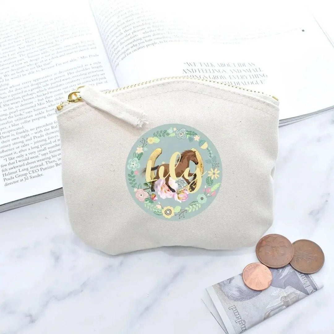 Personalised Horse Coin Purse, Girl Stocking Filler, Horse Gift For Her, Name Canvas Coin Purse, Horse Style Purse, Christmas Gift - Amy Lucy