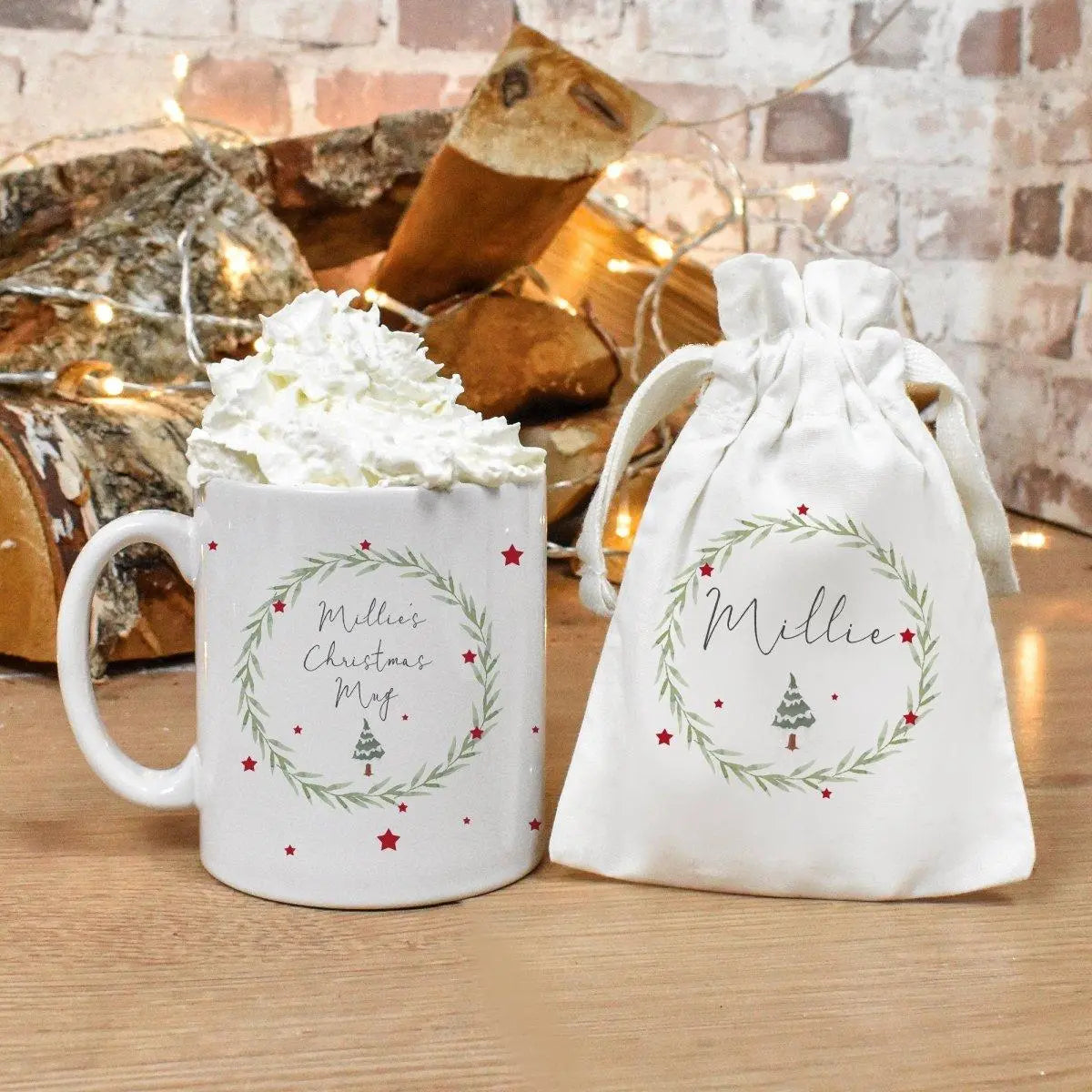 Original personalised Christmas tree wreath hot chocolate mug and matching gift set photograph