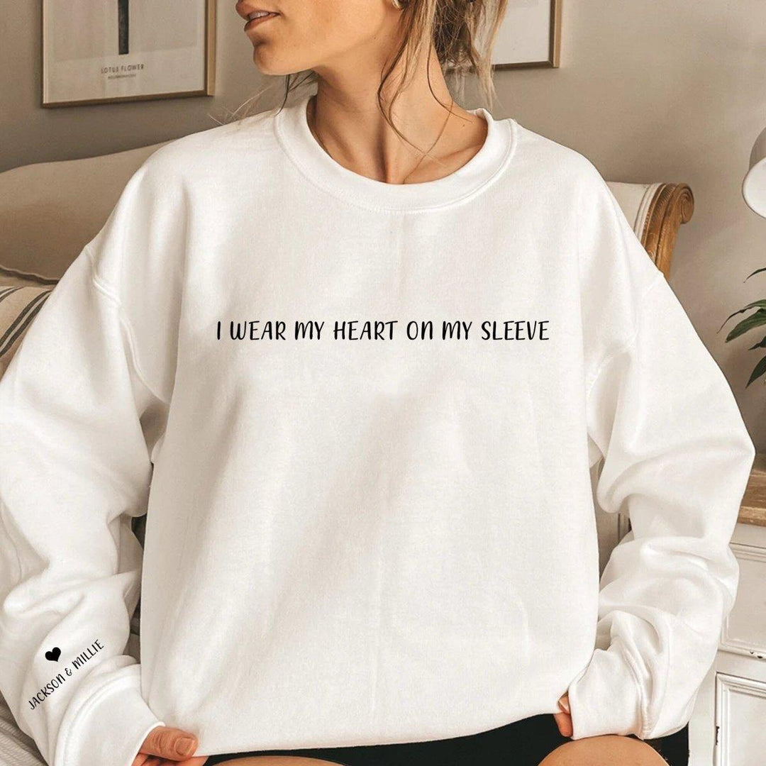 Personalised I wear my Heart on my Sleeve Sweater, Mum Jumper, Mum Sweater, Heart on Sleeve Jumper, Mum Jumper, Mother's Day, - Amy Lucy