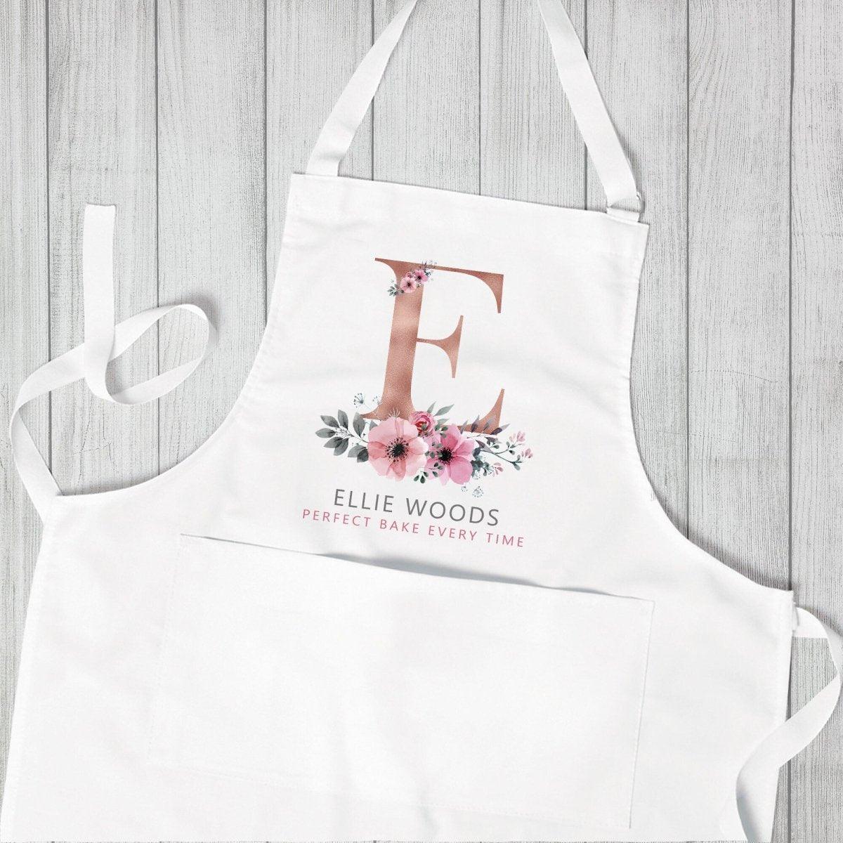 Personalised Initial Apron, Rose Gold Baking Gift, Watercolour Flowers Apron Cooking Gift, Initial Gift for Her, Custom Made, Your Words - Amy Lucy