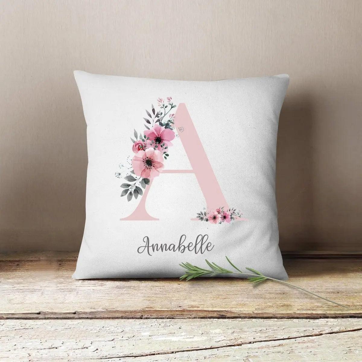 Personalised Initial Cushion, Rose Gold Custom Gift, Girls Bedroom Gift, Watercolour Flowers, Baby Gift, Initial Gift for Her, Custom Made - Amy Lucy